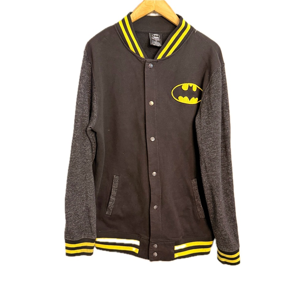 Mens Batman Baseball Jacket‎ Black Yellow Logo Varsity Snap Front Long Sleeve